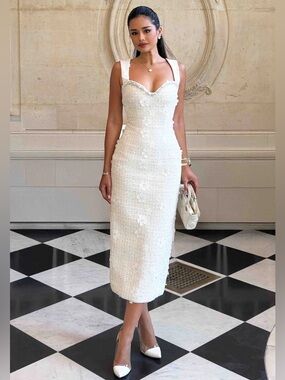 Elliatt Ellouise Embellished Tweed Midi Dress in White NEW